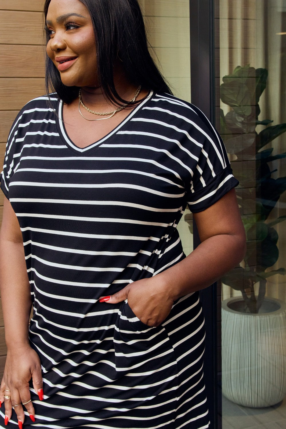 Striped V-Neck Dress Style Sifter Striped V-Neck Dress Style Sifter