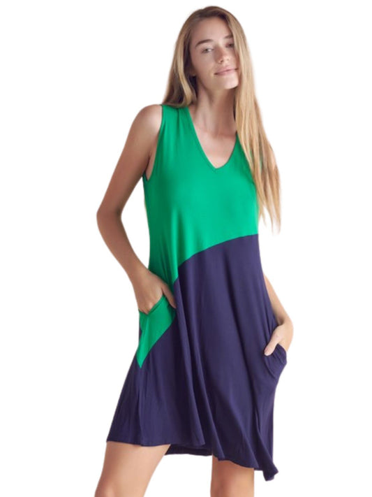 Diagonal Colorblocked Dress - Green/Navy